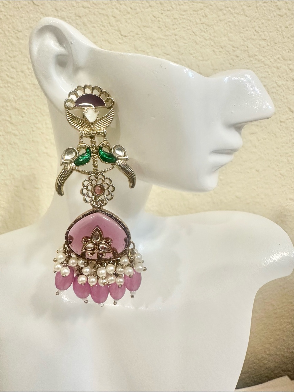 Gold-Plated Lavender and Green Kundan Drop Earrings with Pearl Dangles